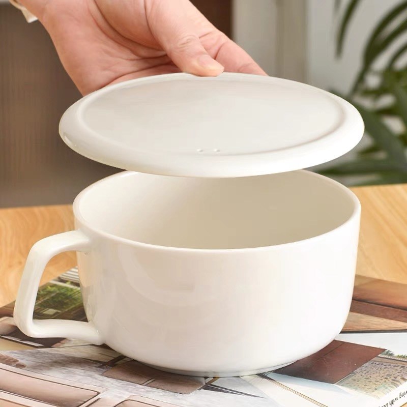唐山骨瓷餐具带把碗骨瓷碗带盖家用泡面碗防烫手柄碗骨瓷单柄碗