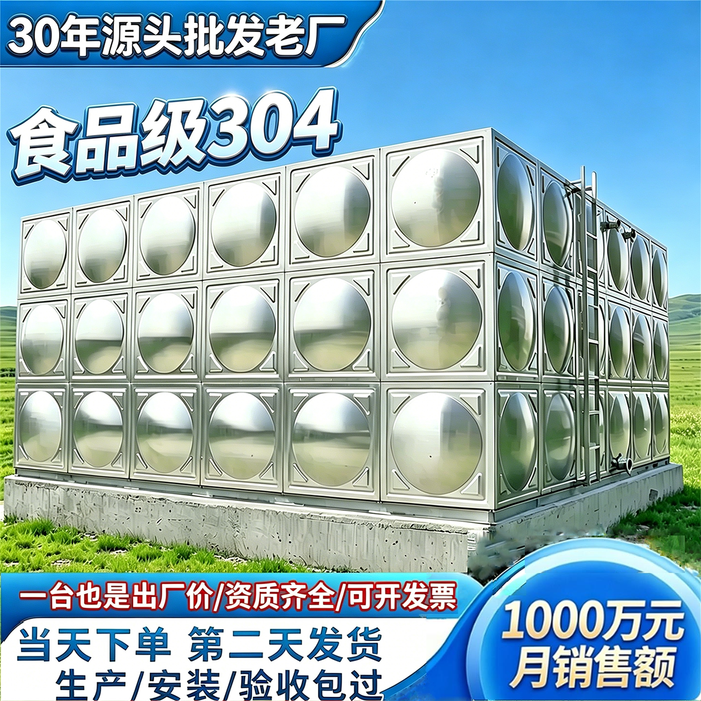 定制304不锈钢保温水箱方形加厚生活储水池18立方冷却塔消防水箱