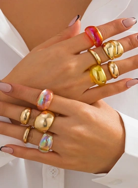 欧美时尚ins几何金属光面戒指套装 琥珀色树脂开口指环rings