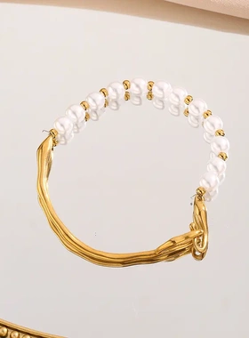 淡水珍珠个性几何型钛钢手链时尚气质闺蜜链时髦复古风不褪色手饰