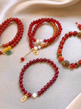 平安扣圆球南红玛瑙叠戴式手链新中式红色手串复古国潮百搭手饰女