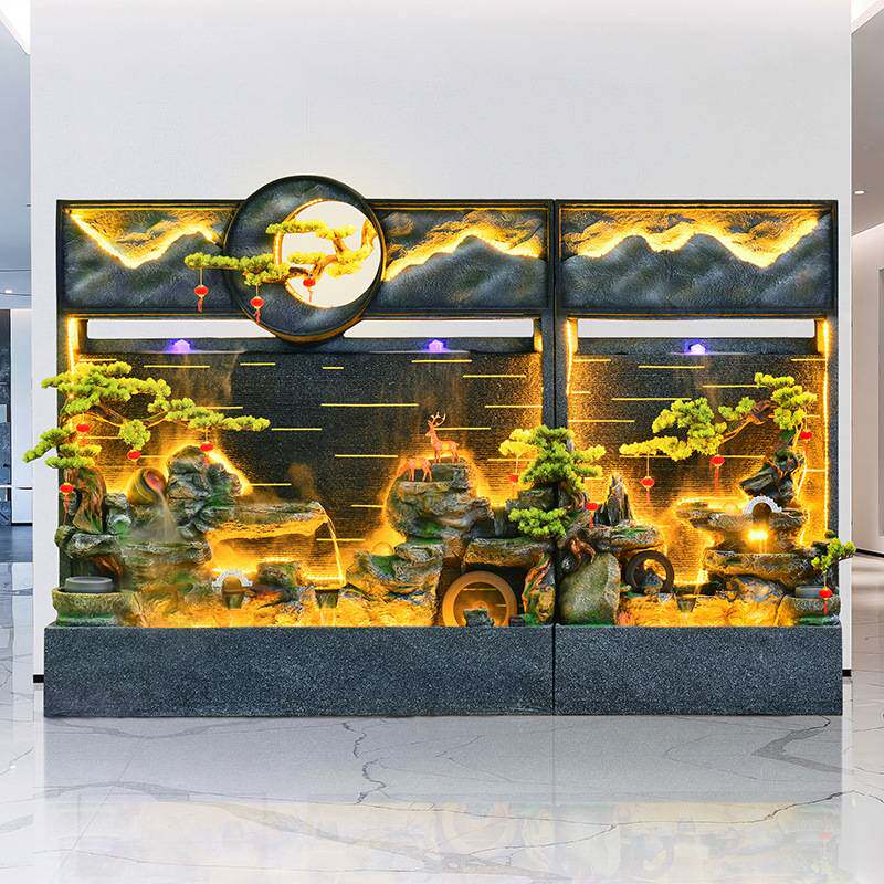 新中式水幕墙流水摆件循环水办公室装饰庭院瀑布景观落地假山鱼池