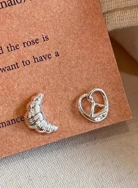 面包可颂碱水结耳钉s925银针新款ins小众设计耳钉面包脑袋可爱清