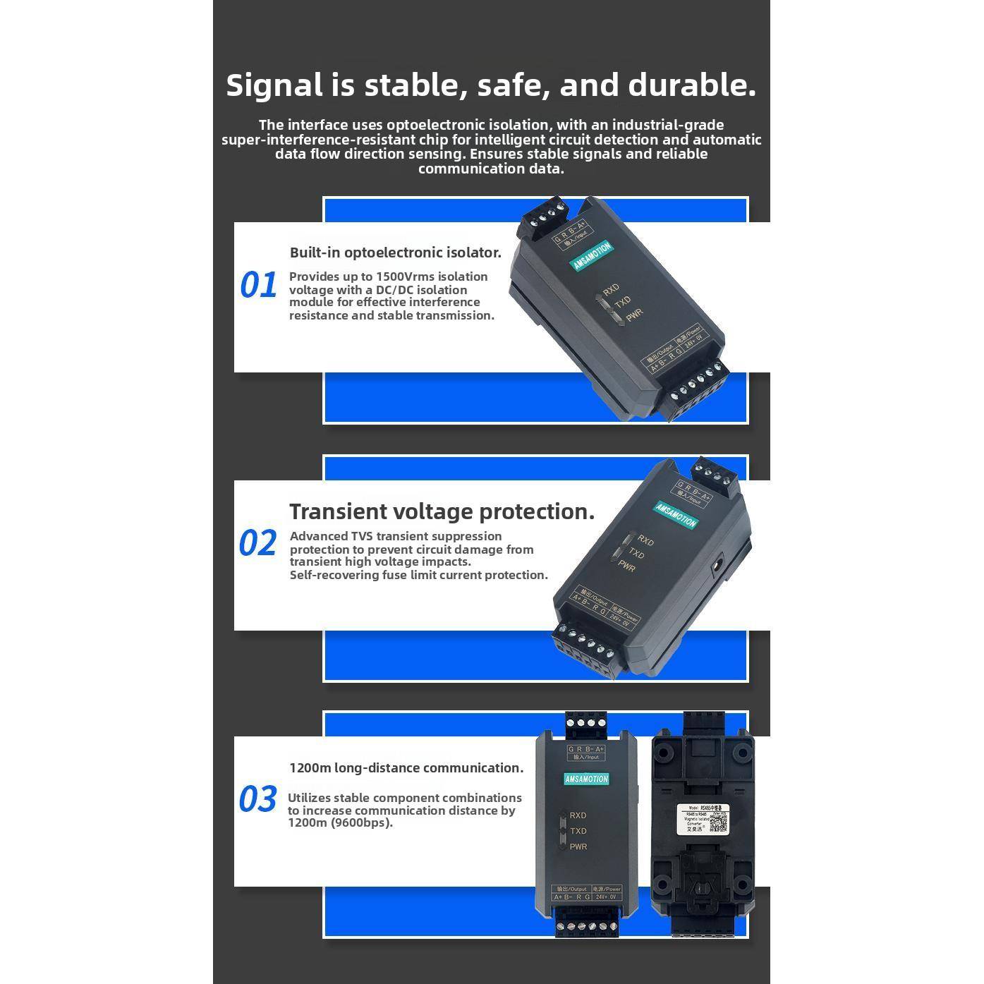 Aimoxun Rs485中继器工业级高性能光电隔离信号抗干扰模块扩展放大