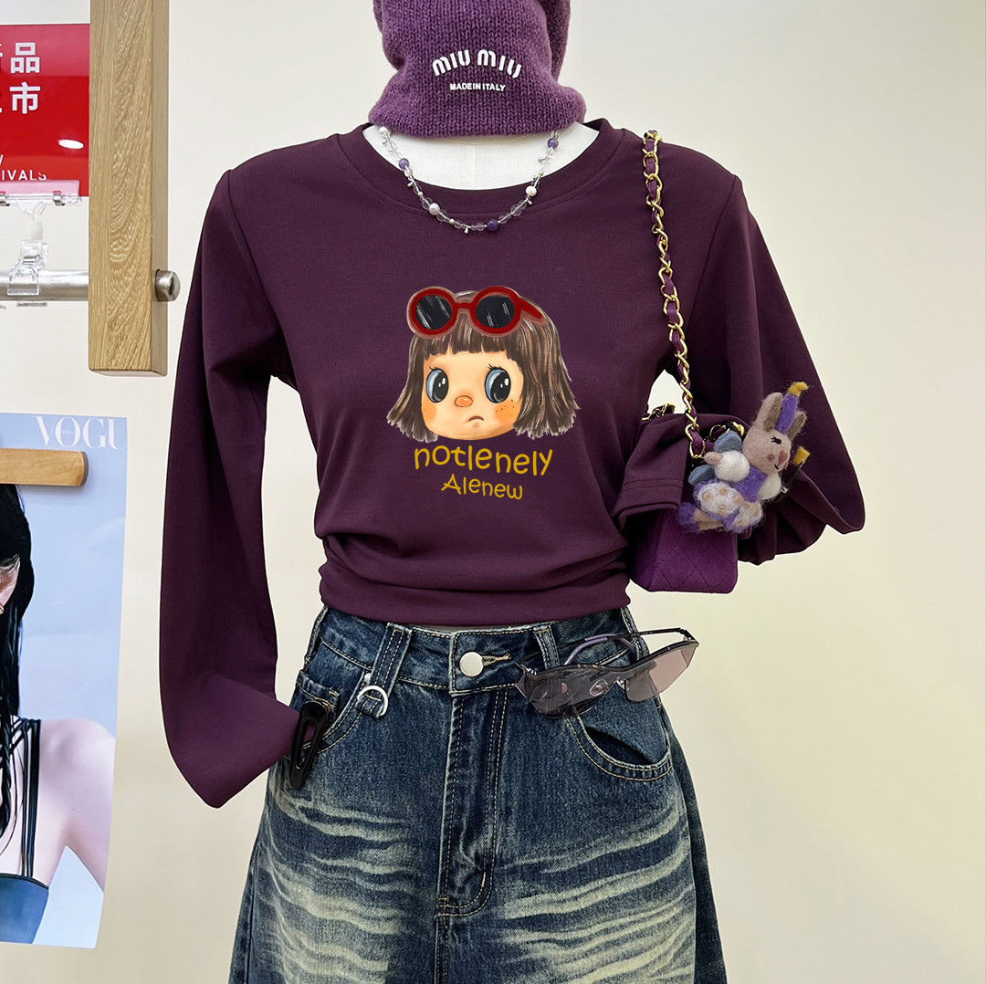 网红款设计感秋季新款眼镜短发女孩印花修身长袖T恤上衣女