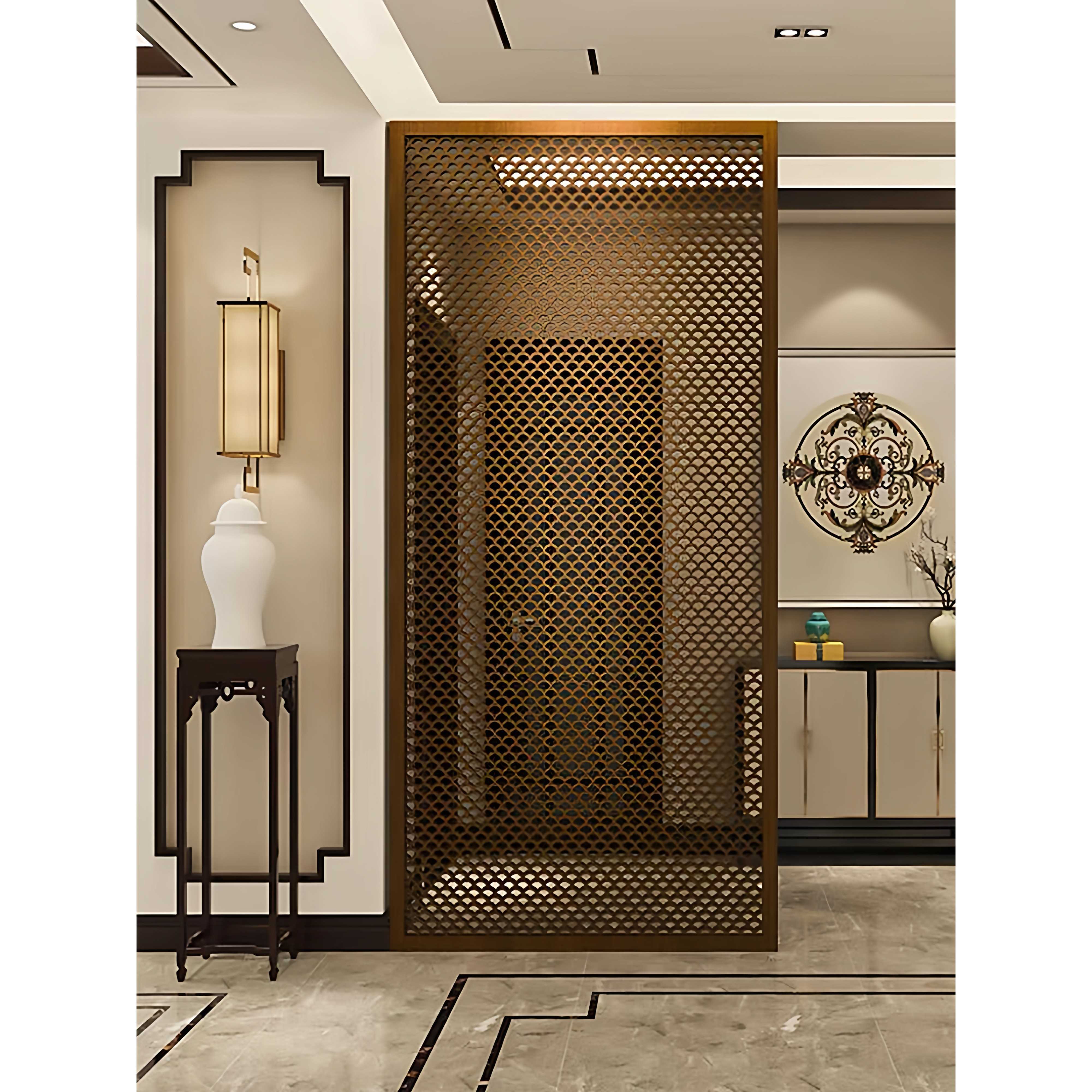 不锈钢屏风雕花玫瑰金玄关镂空简约隔断钛金新中式花格栅销售楼