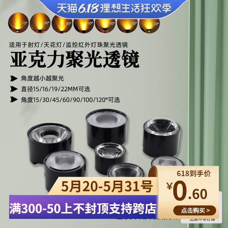 led聚光仿流明1w3w透镜直径15 16 19 22mm大功率灯珠透镜沙面光面