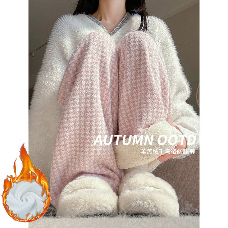 千鸟格加绒阔腿裤女冬季2025新款加厚垂感直筒裤羊羔绒保暖格子