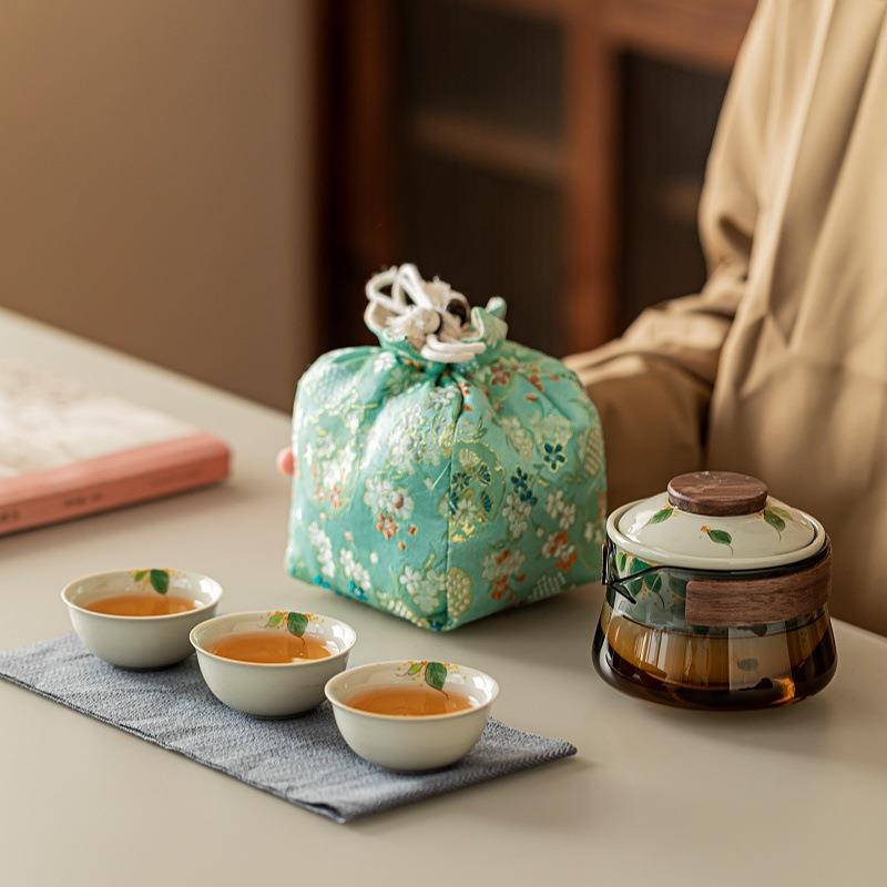 手绘桂花旅行茶具套装户外便携式泡茶装备玻璃快客杯一壶三杯草木