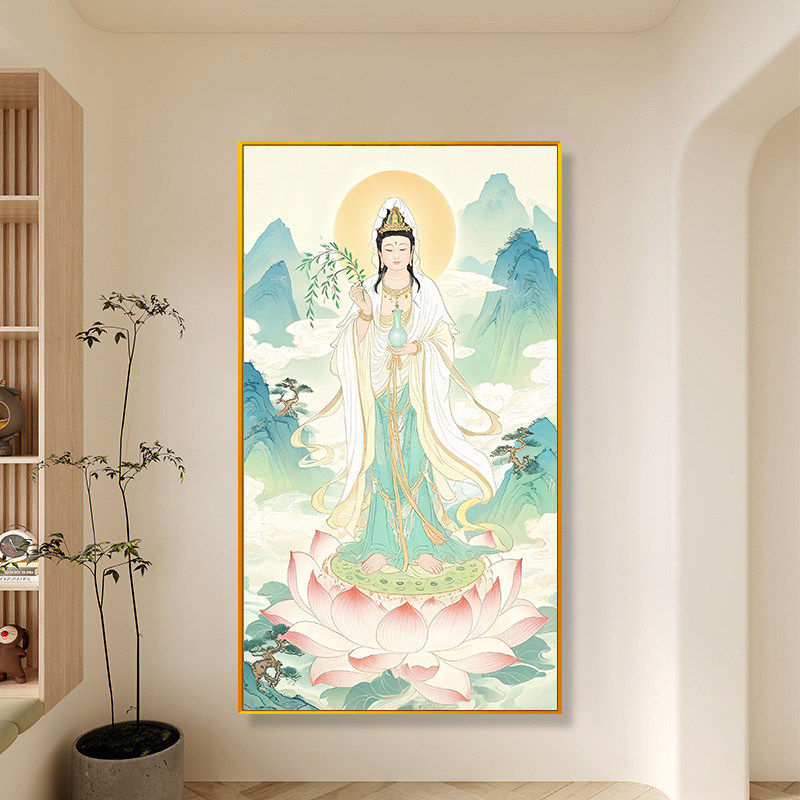新中式南海观世音十字绣线绣2026新款观音印花玄关墙壁手工绣满绣