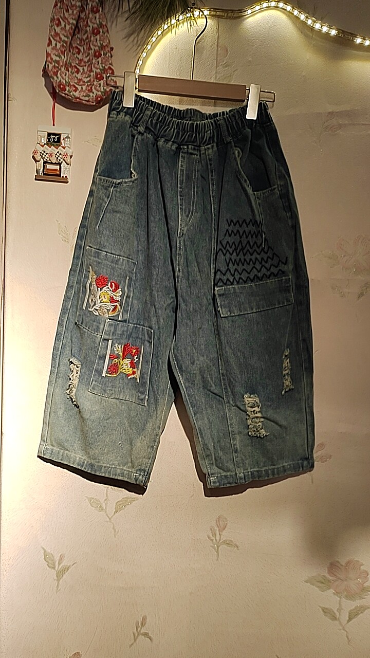 2025新款夏贴布刺绣哈伦女宽松休闲牛仔老爹裤显瘦破洞七分萝卜裤