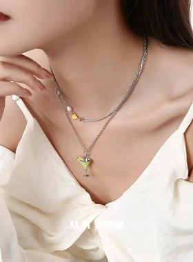 天然珍珠沙滩酒杯锁骨链女双层时尚设计项链轻奢气质叠戴项饰