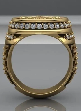 wish热卖北欧神话图腾戒指 镀金色复古滴油镶钻花纹男士戒指