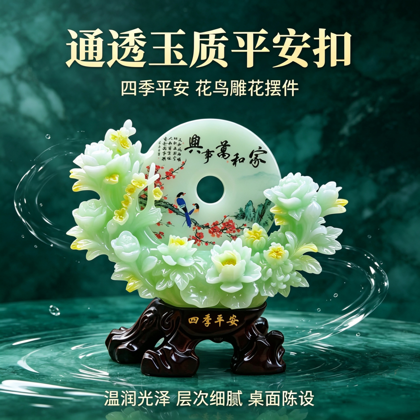 合成玉平安扣花鸟摆件家和万事兴