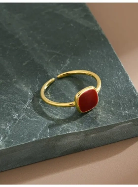 红色方形戒指女时尚个性简约小众设计食指可调节指环新潮