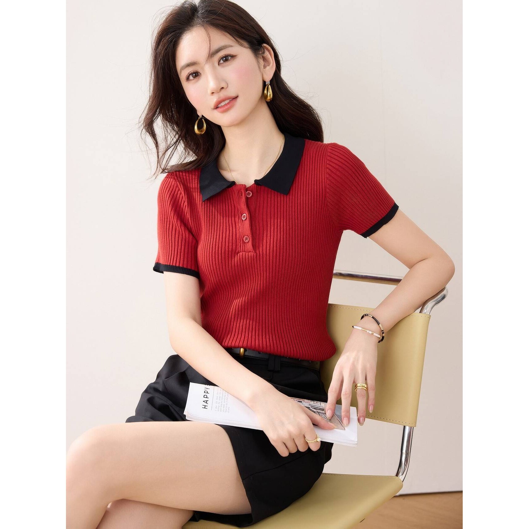 独特漂亮别致小衫红色翻领薄款冰丝针织衫紧身短袖t恤上衣女夏季