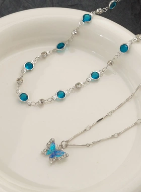 双层叠戴蓝色锆石项链轻奢高级感锁骨链小众百搭辣妹颈链饰品