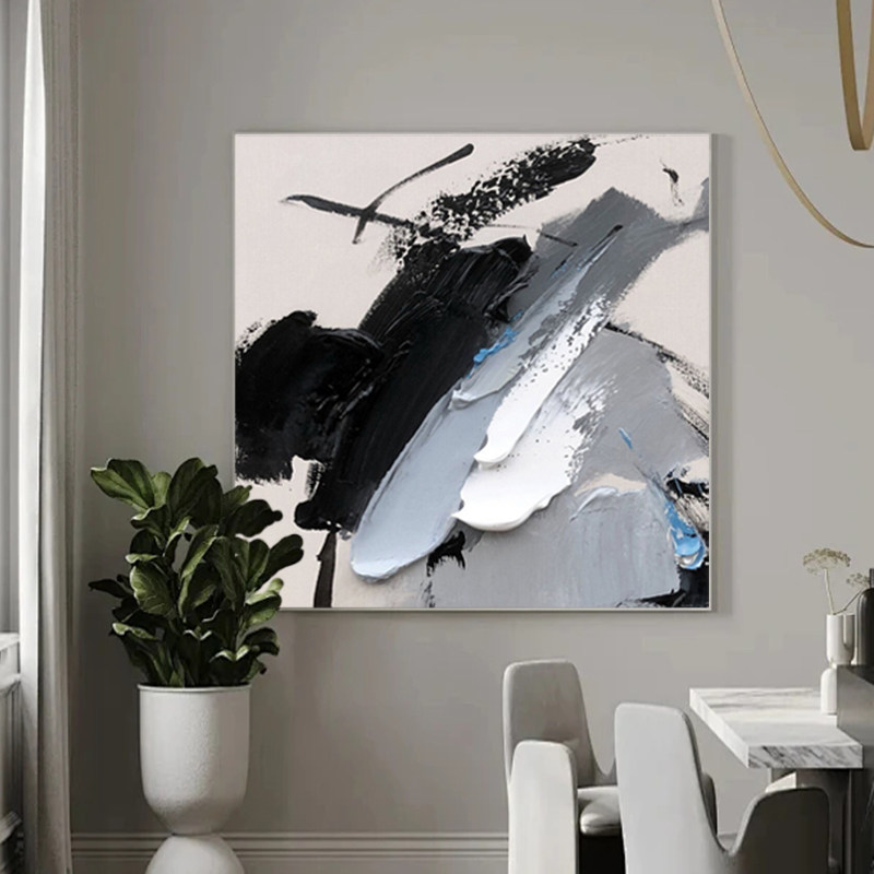 纯手绘油画黑白抽象肌理感装饰画玄关客厅餐厅挂画现代简约艺术画