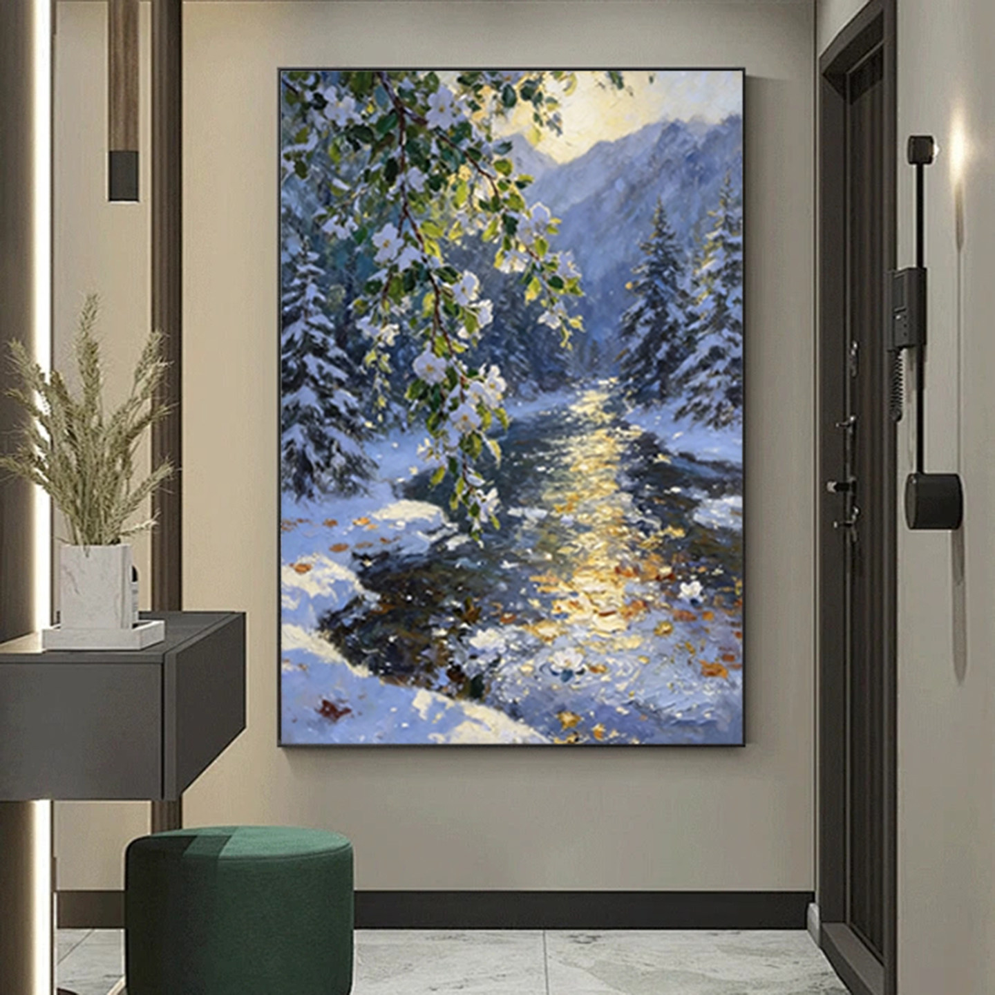 可班手绘油画雪涧春芳竖版装饰画