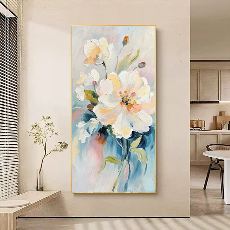 纯手绘油画绽放的花朵高雅花卉画肌理立体画客厅餐厅玄关装饰挂画图片