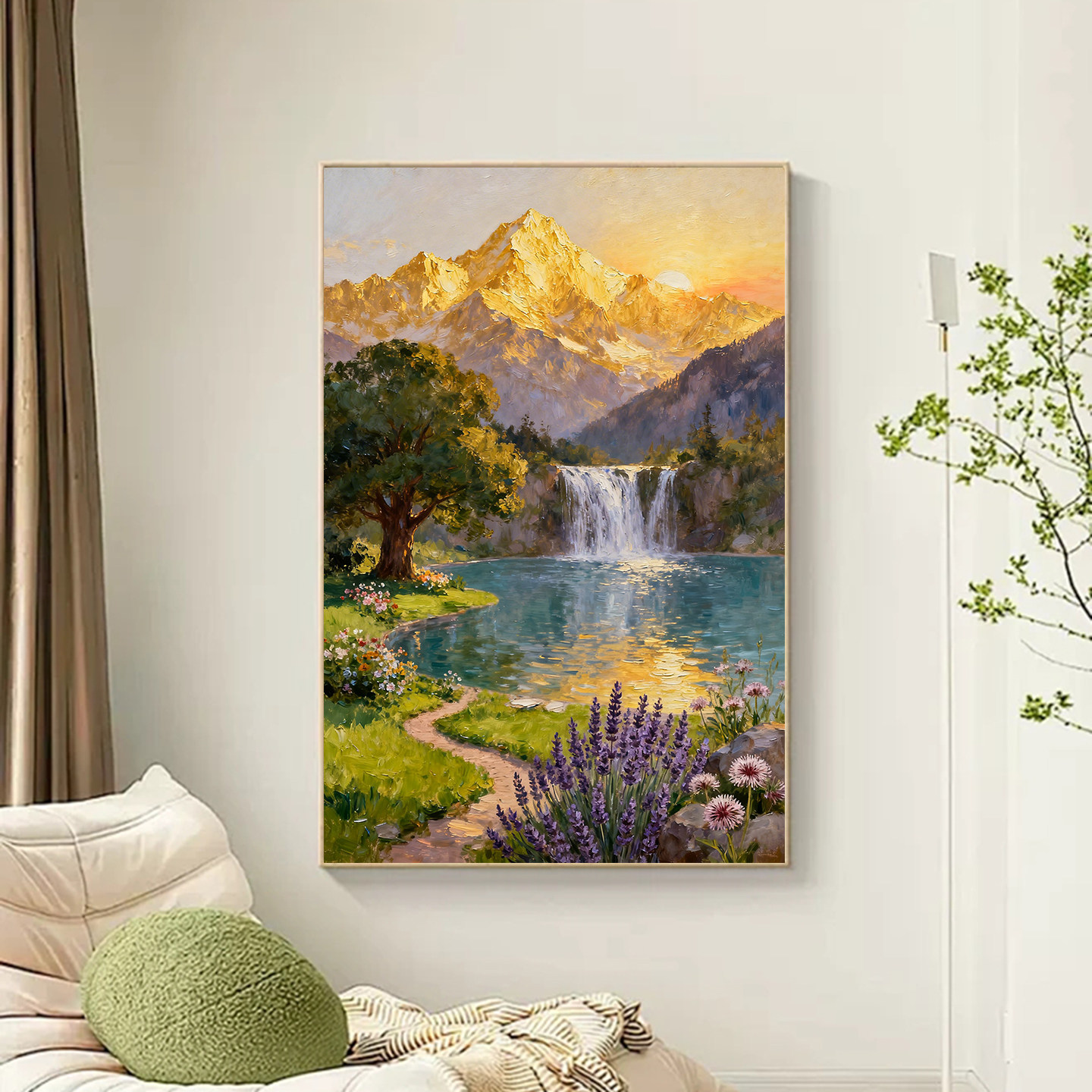 纯手绘油画日照金山流水生财风景画客厅玄关中式山水挂画大气挂画