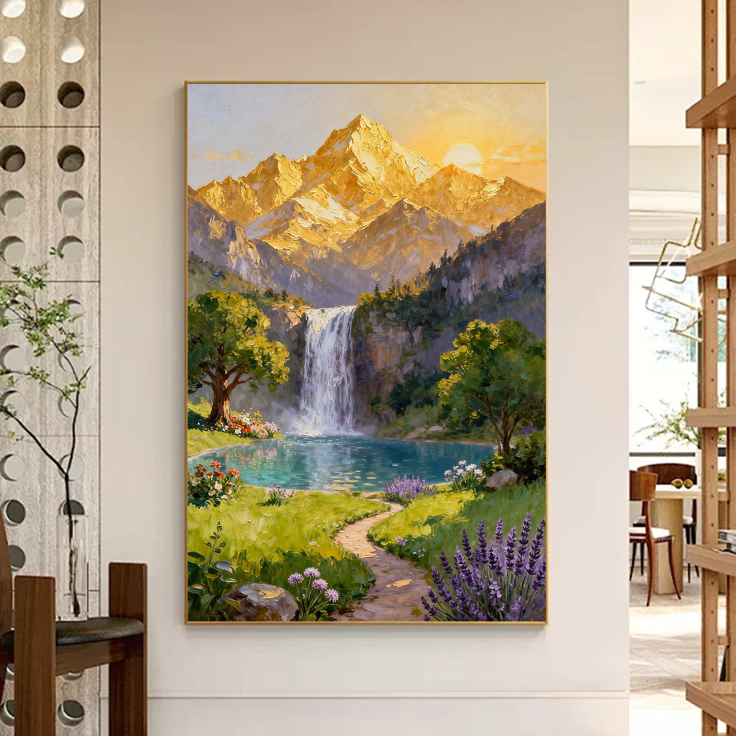 纯手绘油画新中式山水画日照金山聚宝盆风景书房客厅手工艺术挂画