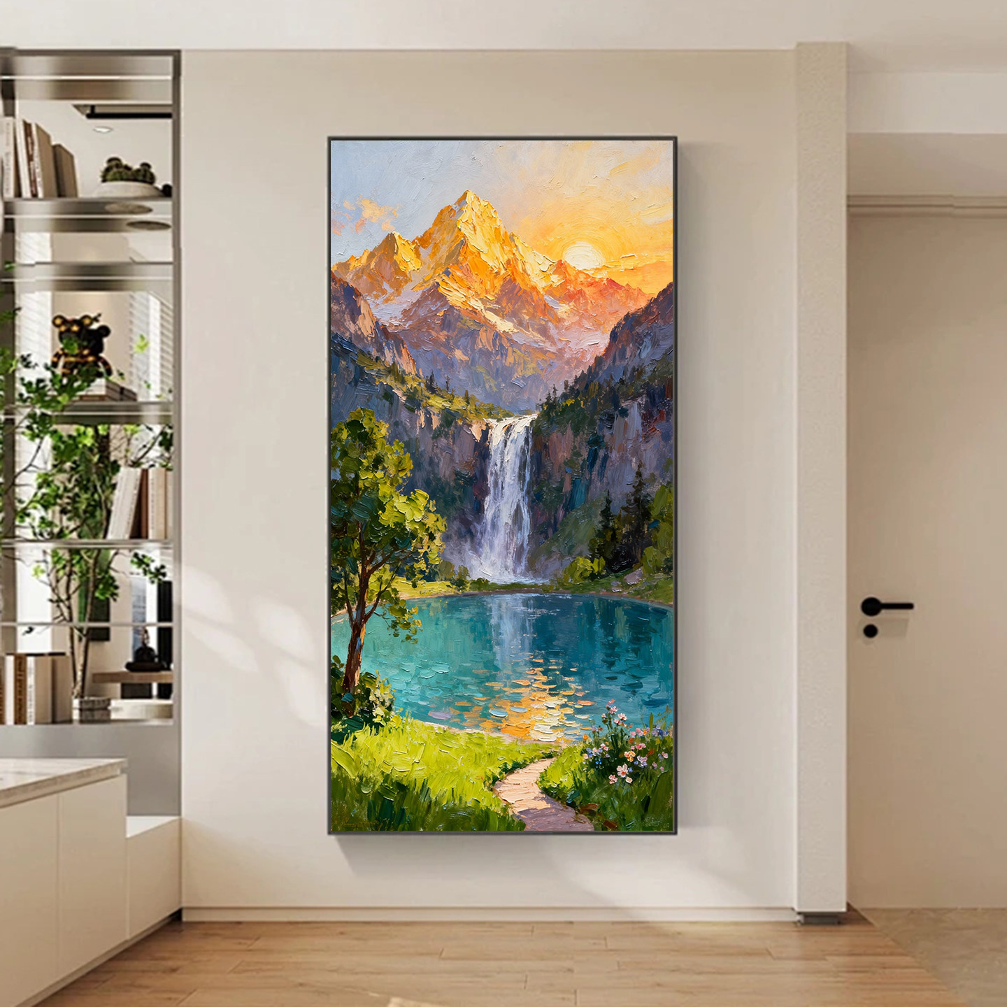 纯手绘油画日照金山聚宝盆风景画肌理感书房玄关中式山水装饰挂画