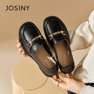 卓诗尼女鞋 秋季 正品 圆头粗跟乐福鞋 新款 中跟百搭黑色英伦风小皮鞋