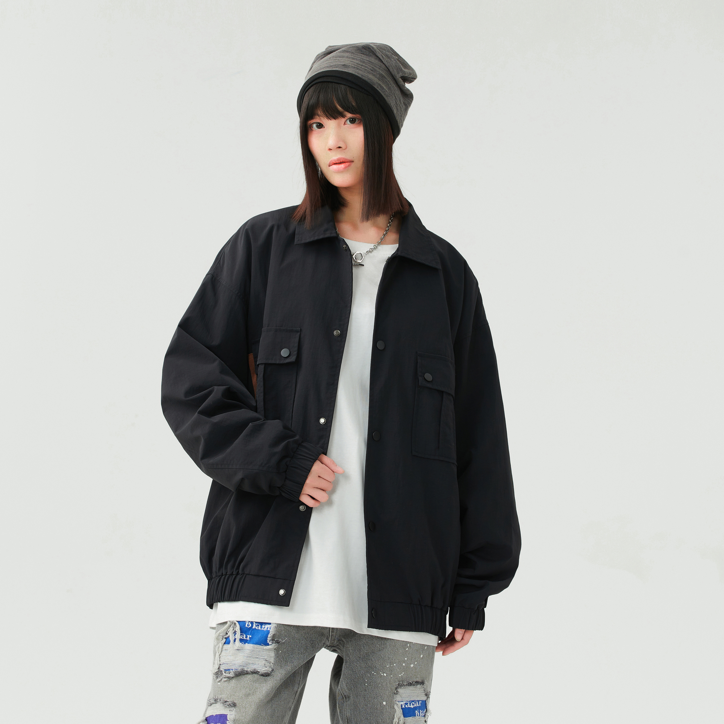 Sview 纯色工装口袋字母刺绣图休闲宽松翻领夹克外套 男女同款
