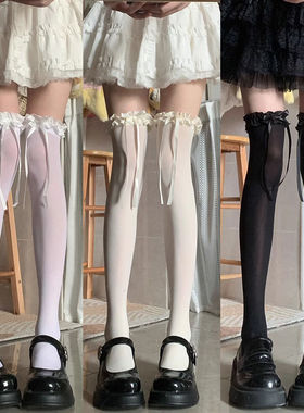 洛丽塔花边黑色lolita夏天薄款黑丝袜过膝袜蝴蝶结长筒袜子木耳边