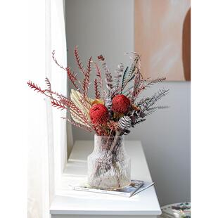 高级奢华进口干花花束真花红色班克木羊齿叶尤加利叶婚房摆设装饰