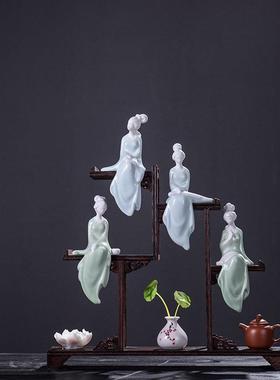 创意新中式陶瓷工艺品琴棋书画人物博古架客厅书房酒柜装饰品摆件