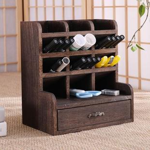 实木斜插式笔筒收纳盒桌面文具收纳笔架多功能化妆笔刷桶创意中式