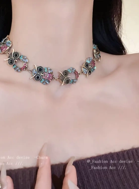 中古猫头鹰镶钻项链高级感宫廷风气质锁骨链复古时尚项饰