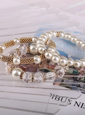 韩版精美珍珠水晶不规则手串手镯气质甜美时尚三件套珍珠手链