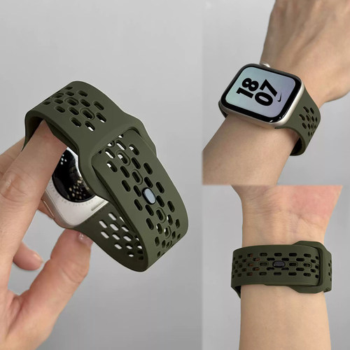 橄榄绿运动硅胶适用iWatchs11新款镂空液态硅胶表带苹果s10S98765se华为FIT5/FIT43小米10Pro红米6/5夏天防水