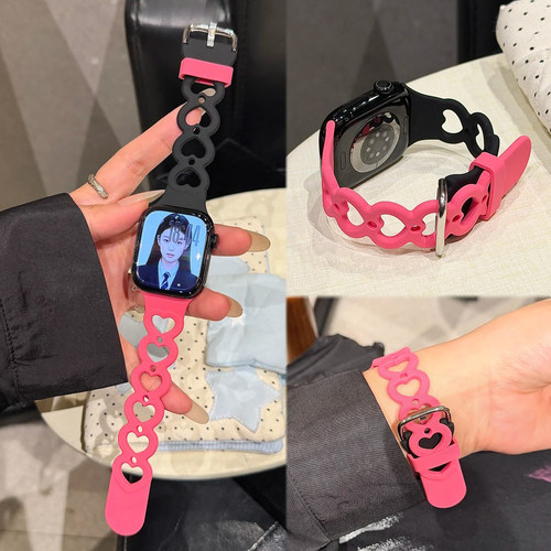 适用iWatchS11新款韩女爱心环环镂空液态硅胶运动表带可爱苹果s10防汗AppleWatchS9s87SE3柔软Ultra3夏天透气