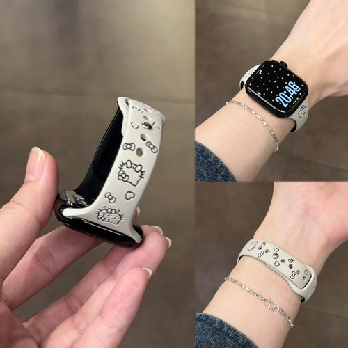 适用iWatchS11代新款KT浮雕双色小蛮腰液态硅胶表带苹果S10运动防水applewatchS987654se3创意Ultra3舒适可爱
