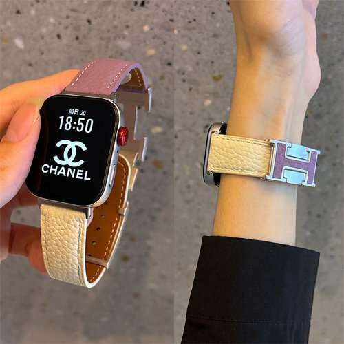 适用华为FIT4新款Fit3荔枝纹真皮H扣磁吸表带iWatchs11苹果s109智能Fit4Pro小米9Pro高级8Pro红米watch54柔软