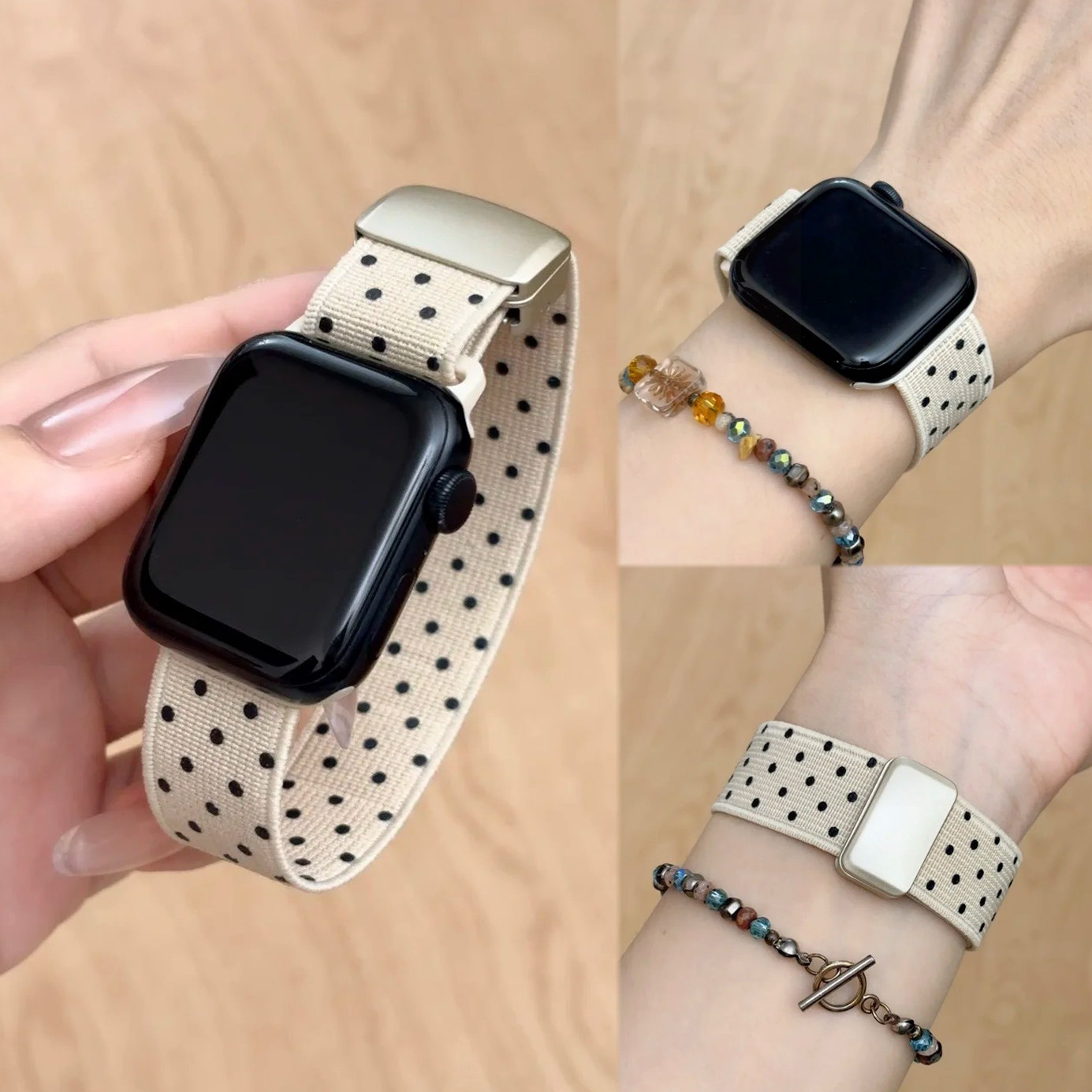 韩系波点磁吸扣针织表带适用于iWatchS12新款华为FIT5苹果S11AppleWatchS10s98se3通用FIT4创意小米10Pro舒适