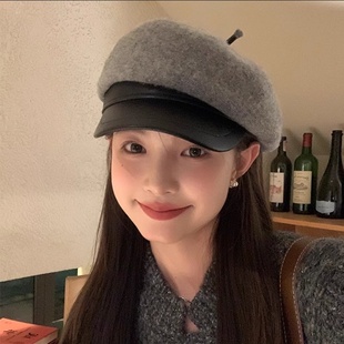 PU皮贝雷帽子女款冬季保暖英伦风百搭新款洋气2025显脸小八角帽