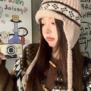 提花针织护耳帽女秋冬季大头围百搭毛线帽显脸小韩里韩气的帽子