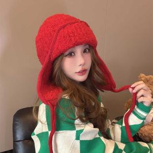 红色韩版针织毛线帽女秋冬新款保暖护耳飞行帽纯色绑带滑雪雷锋帽