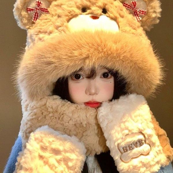 蝴蝶结小熊耳朵毛绒帽子围巾一体