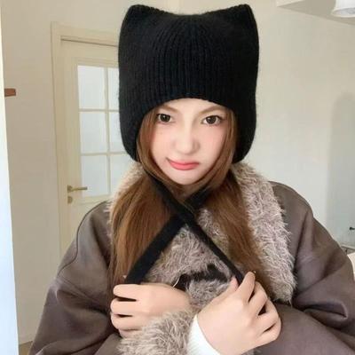 日系可爱猫耳朵针织帽子女秋冬保