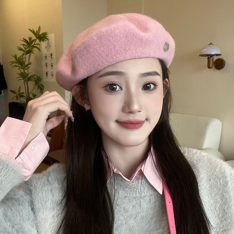 樱花粉~毛呢网红贝雷帽女秋冬复古百搭显脸小气质画家帽潮流春