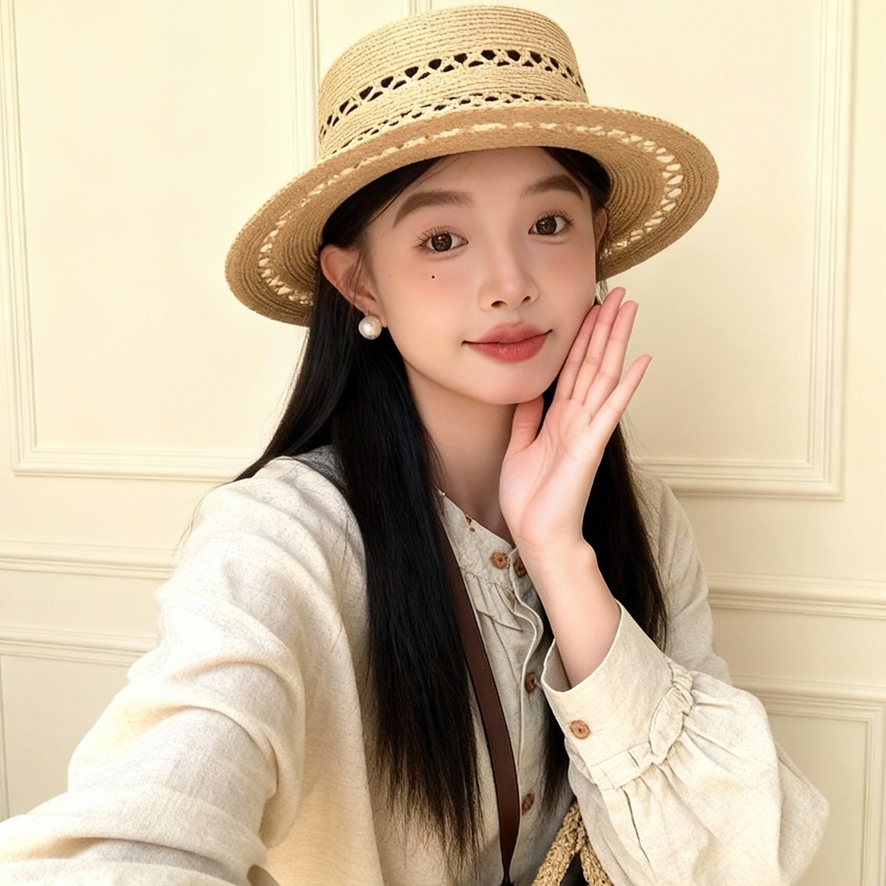 手工编织平顶镂空拉菲草帽女夏季海边沙滩太阳帽遮阳防晒法式礼帽