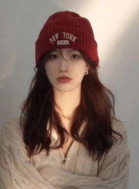 红色冷帽潮毛线帽2025新款字母刺绣针织帽子女秋冬保暖百搭显脸小