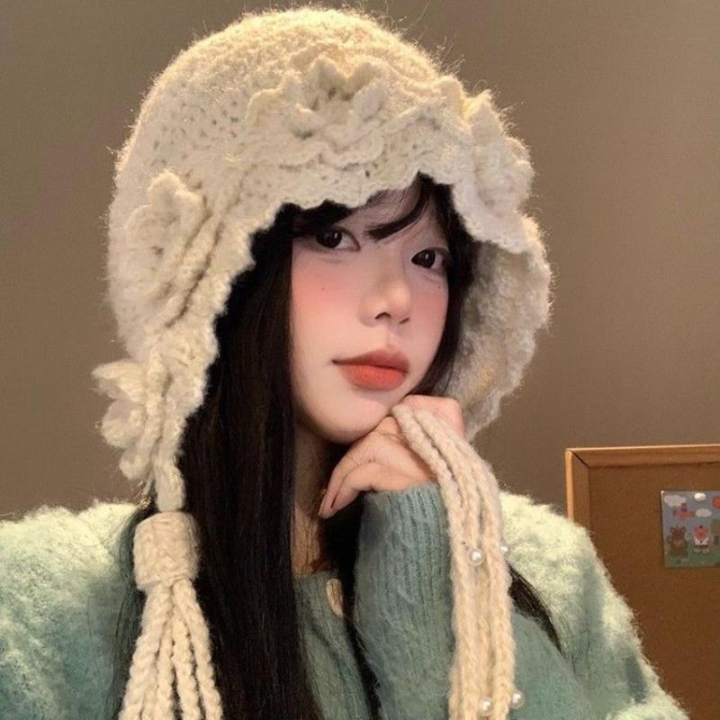 2025新款立体花朵手工针织帽子女