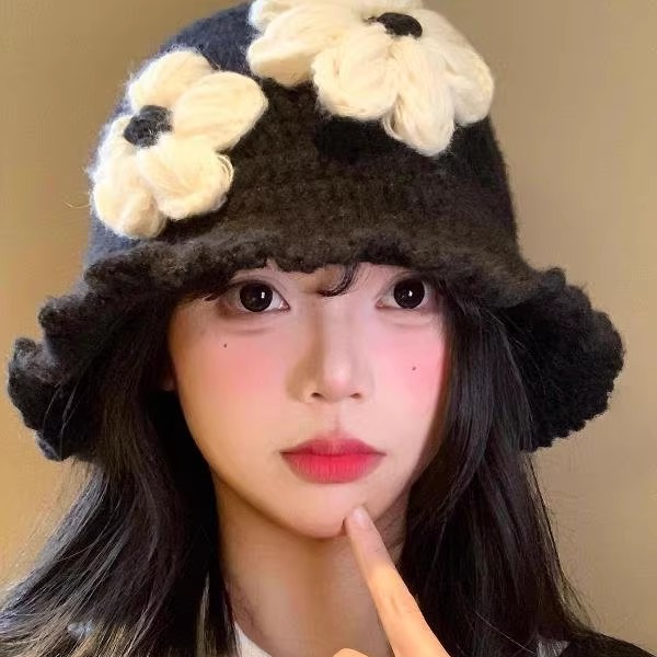花朵针织渔夫帽女秋冬季韩版显脸